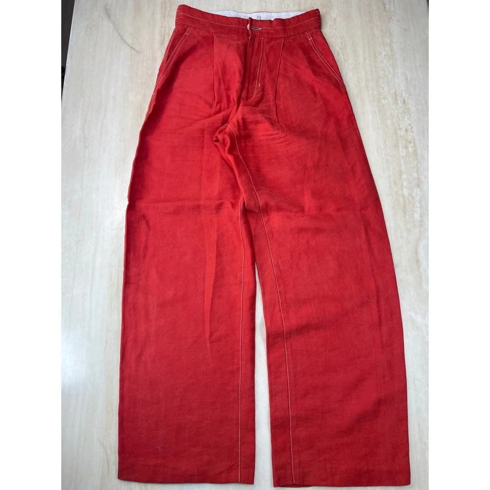Mango MNG Suit Red Wide Leg High Rise Contrast Stitch Trousers Pants Womens 2
